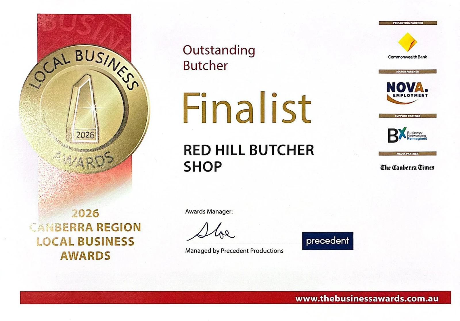 Red Hill Butcher Shop finalist in the 2026 Canberra Region Local Business Awards